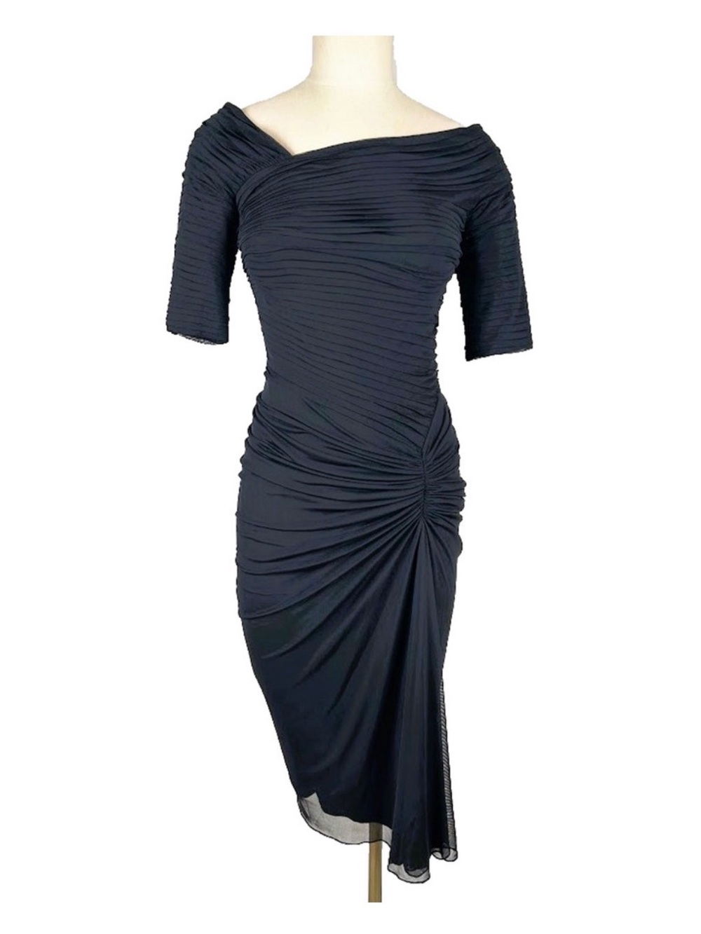 Tadashi Shoji Black Ruched Off-Shoulder Midi Dress - stretchy